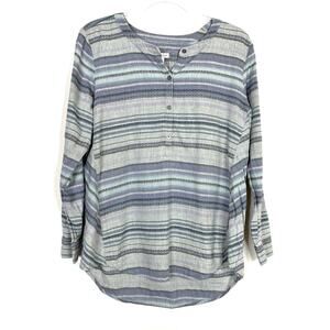 J.Jill 100% Cotton Gray Purple Stripe 1/2 Button Tunic Long Sleeve Womens Small